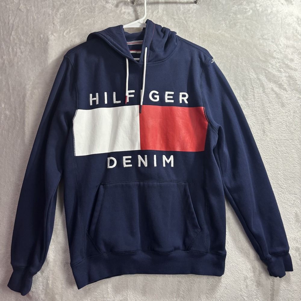 Tommy Hilfiger Denim Men's Pullover Hoodie Navy Blue Size Medium Colorblock